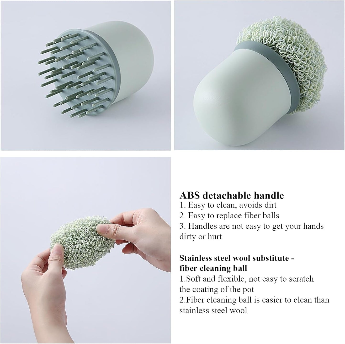 No-Scratch Kitchen Scrub Brush with Replaceable Fiber Scouring Balls – Anti-Scratch, Durable Handle for Non-Stick, Stainless Steel & Ceramic Cookware