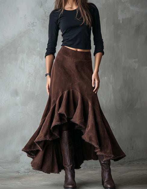 Western Brown High-Low Eco Suede Ruffle Maxi Skirt