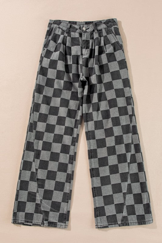 Checker Denim Wide Leg Jeans