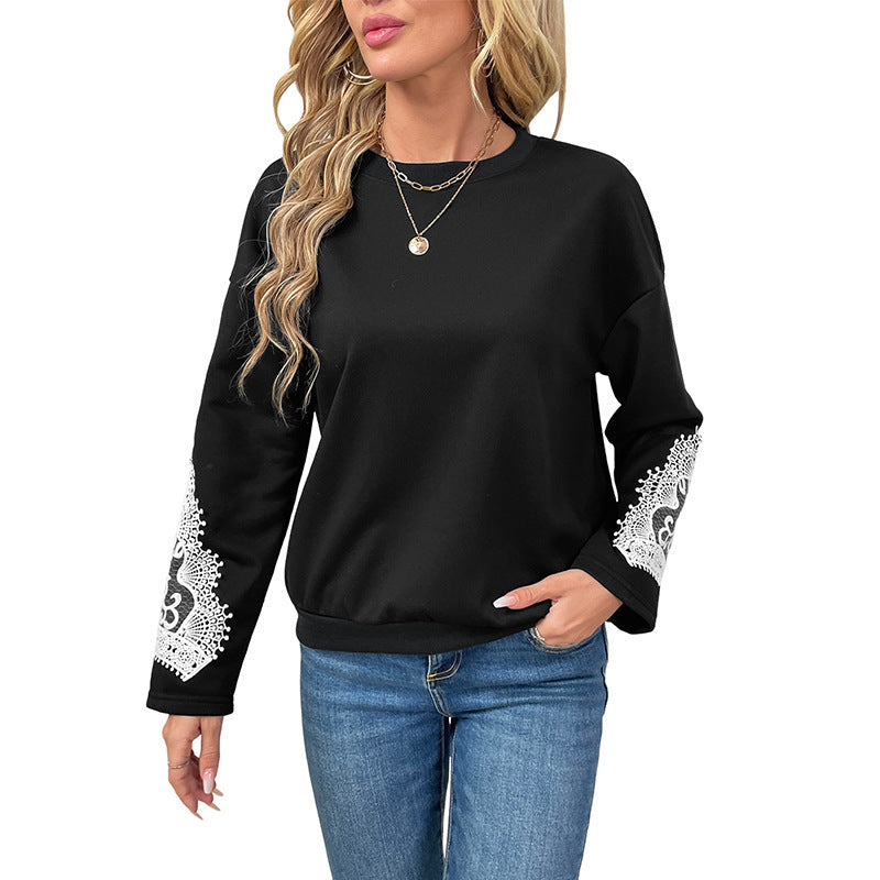 Women's Lace Stitching Round Neck Pullover Top
