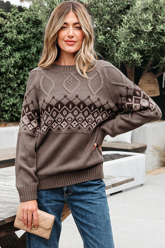 Alana Western Geometric Patterned Crew Neck Knitted Sweater