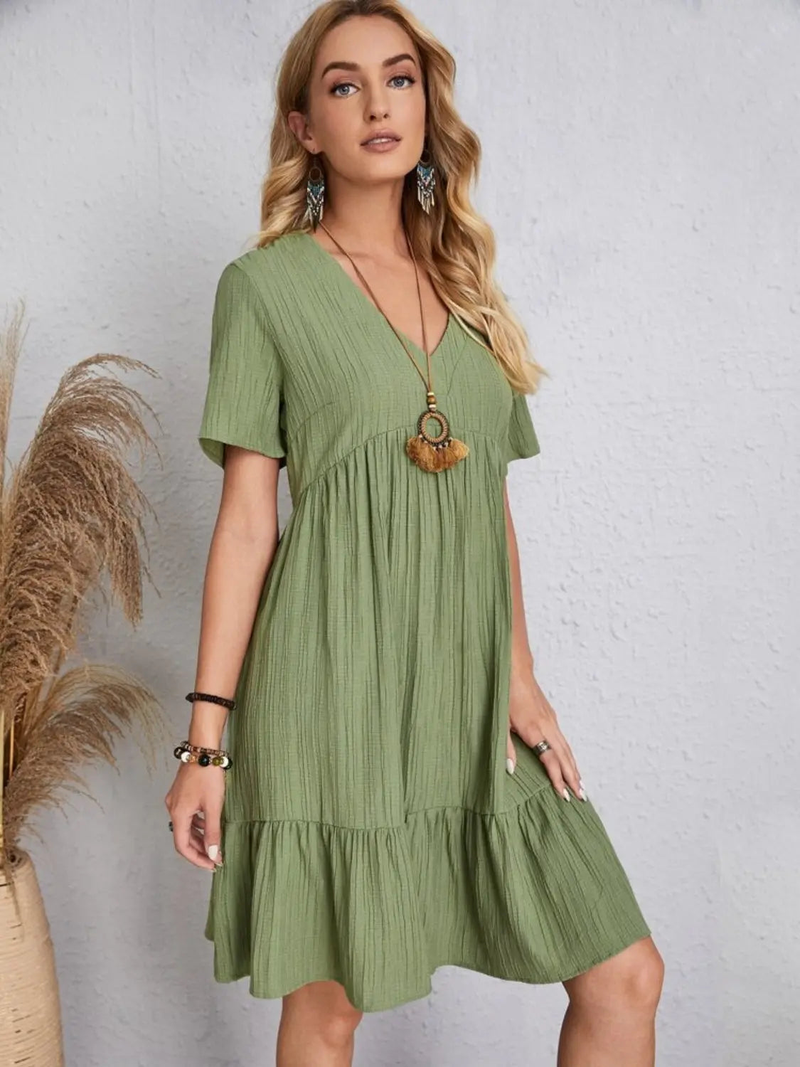 Boho Textured V-Neck Short Sleeve Babydoll Dress