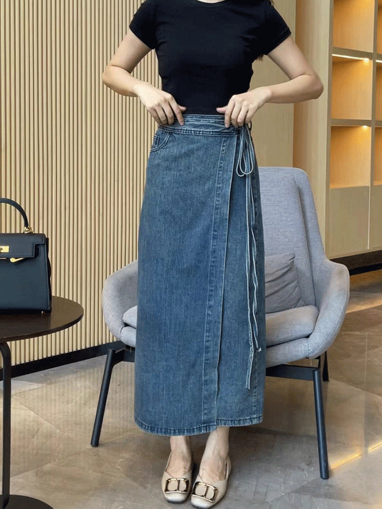 Women's Waist Slit Blue Denim Skirt
