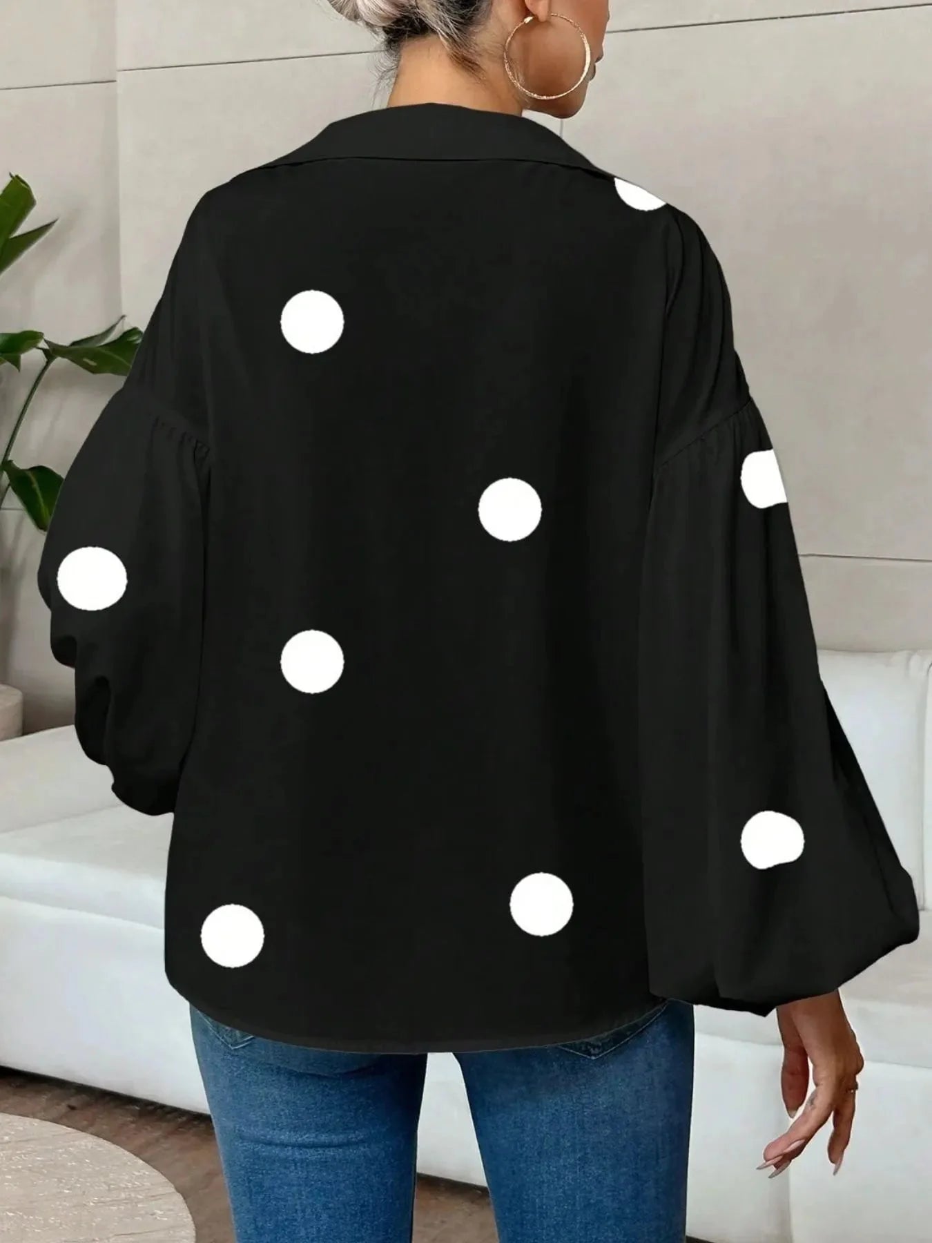 Oversized Polka Dot Balloon Sleeve Blouse