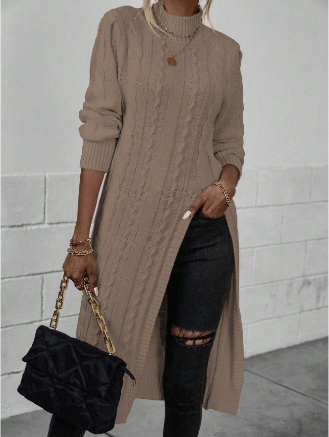 Women Crew Neck Long Sleeve Split Hem Minimalist Sweater