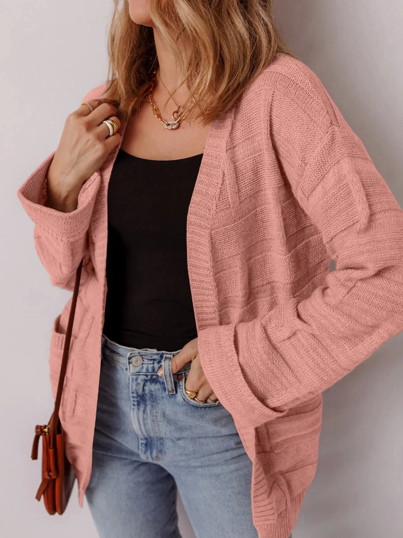 Textured Knit Open Front Cardigan with Pockets