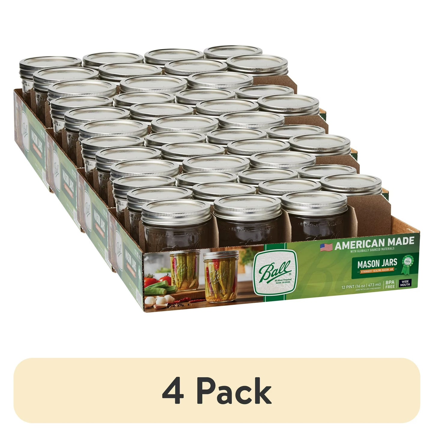 Ball, Glass Mason Jars with Lids & Bands, Wide Mouth, Clear, 16 oz, 12 Count