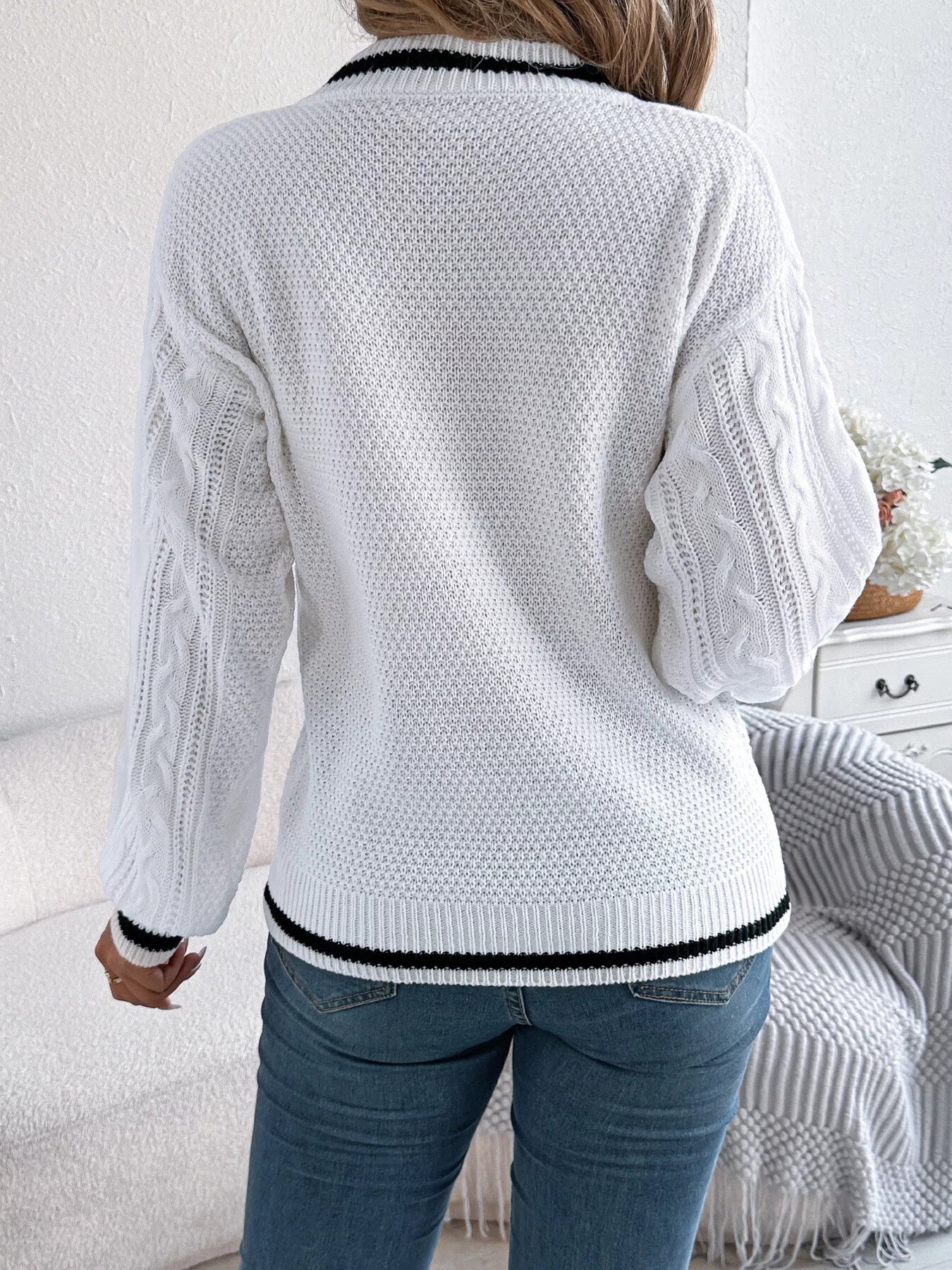 V-Neck Cable Knit Long Sleeve Sweater