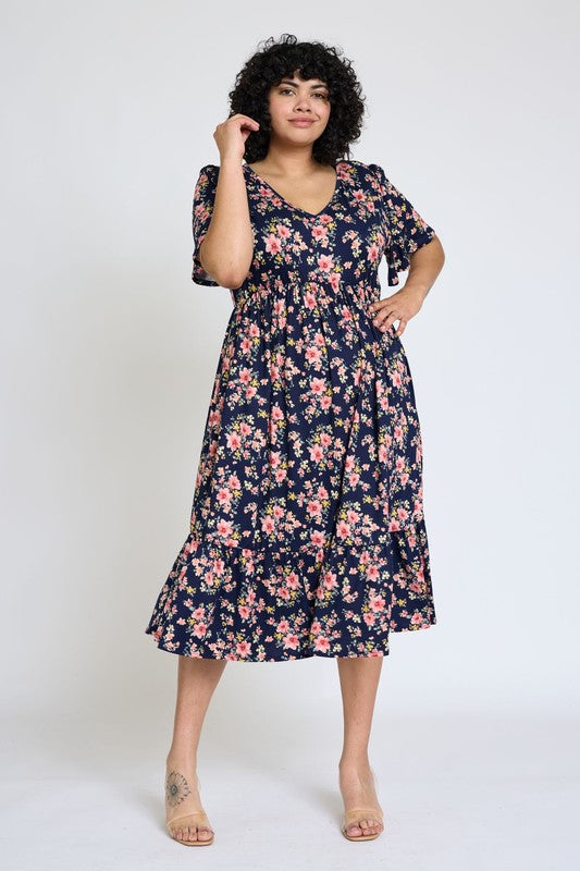 PLUS Floral Angel Sleeve Midi Dress
