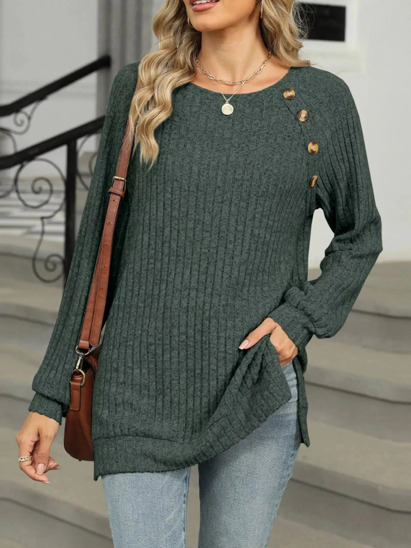 Cozy Chic Ribbed Button Detail Long Sleeve Tunic