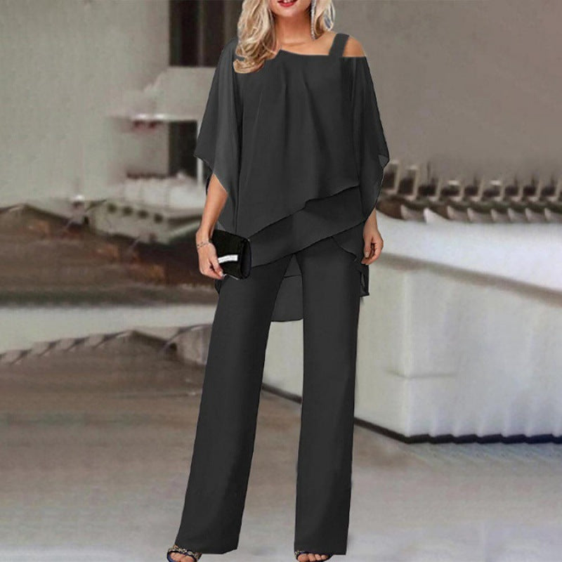 Solid Loose Irregular Suits Batwing Sleeve Top And Straight Trousers Set