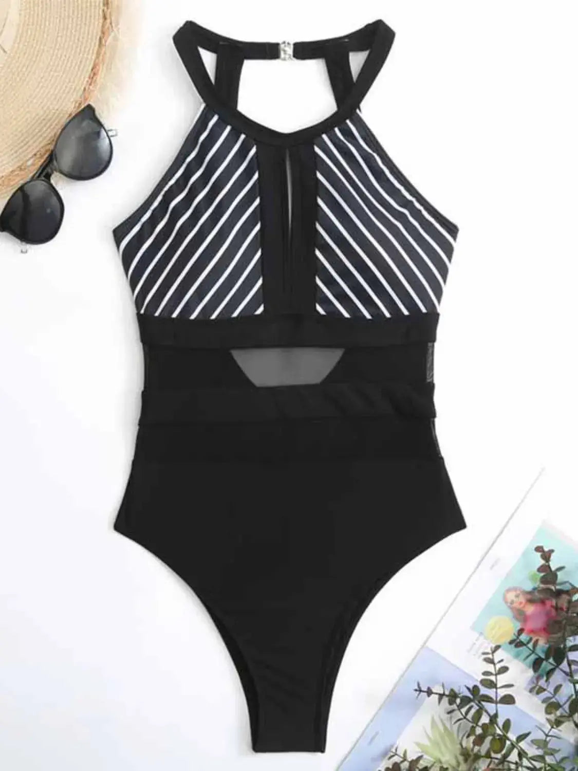Mesh Cutout Striped Backless One Piece Swimsuit