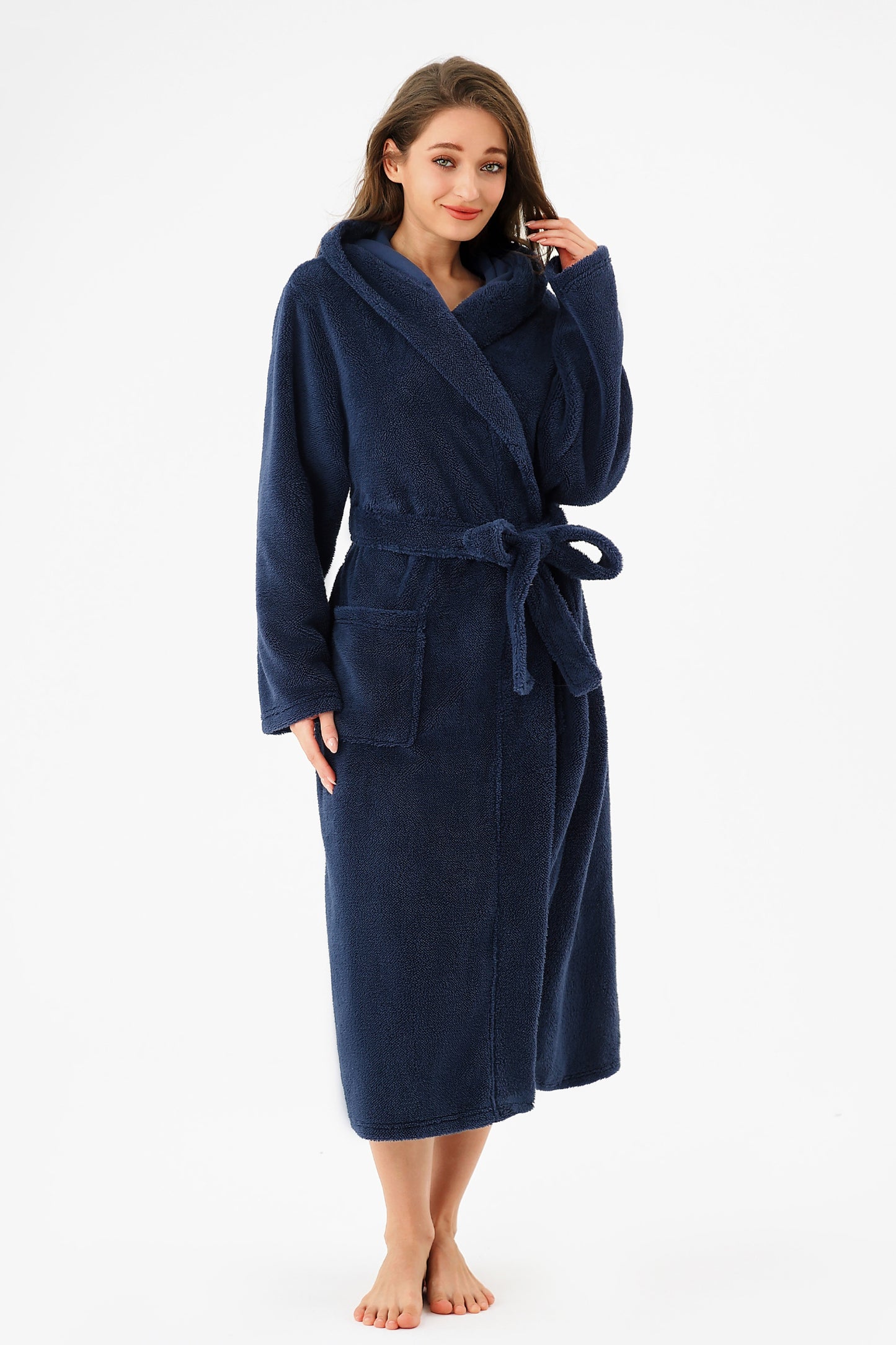 RONGTAI Womens Hooded Robe Long Plush Fleece Bathrobe With Pockets Nightwear S-XXL