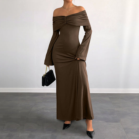 Brown Off-shoulder Slim Women's Dress
