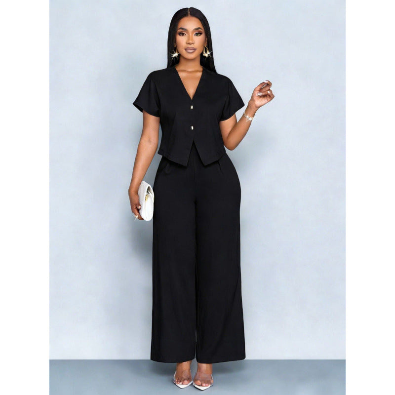 Short-sleeve V-neck Irregular Cardigan And Straight-leg Wide-leg Pants Set