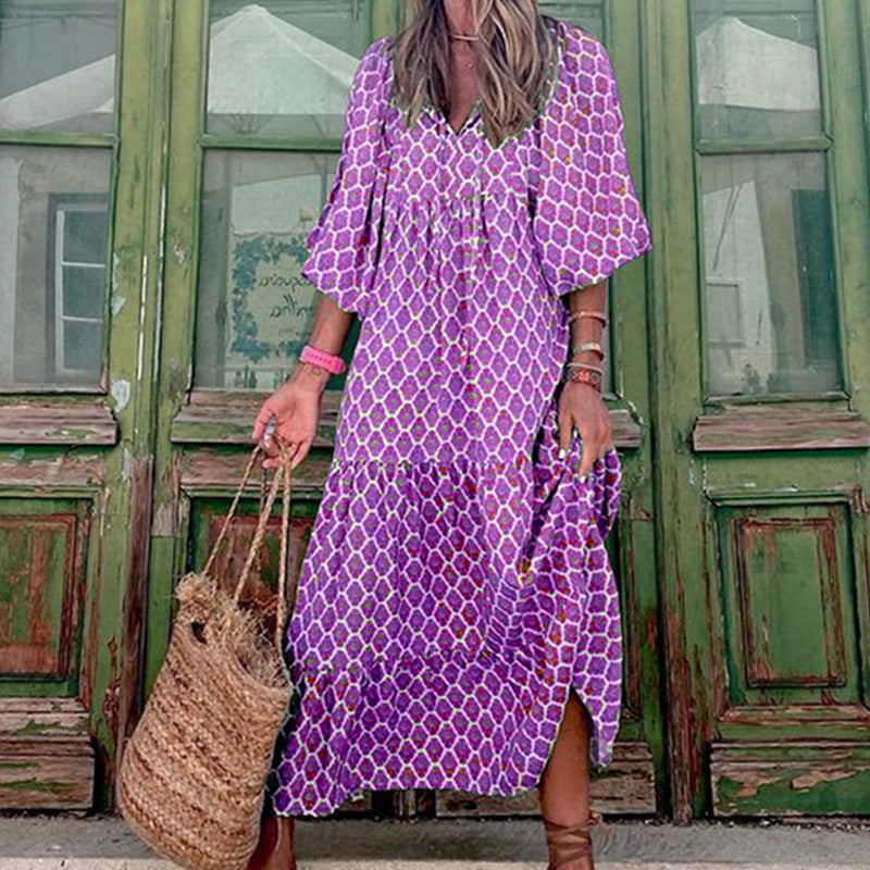Vintage Printed Bohemian Dress Elegant Ladies Casual Loose V-Neck Short Sleeve Long Dresses