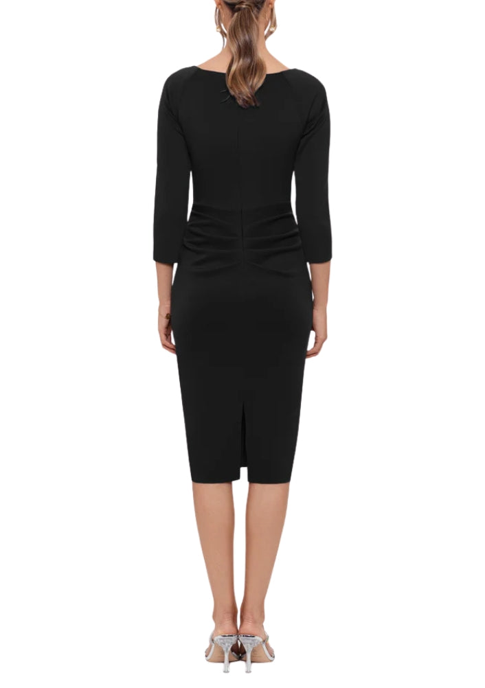 XScape Allie V-Neckline 3/4 Sleeves Back Zipper Side Ruffle Sheath Midi Dress