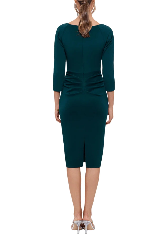 XScape Allie V-Neckline 3/4 Sleeves Back Zipper Side Ruffle Sheath Midi Dress