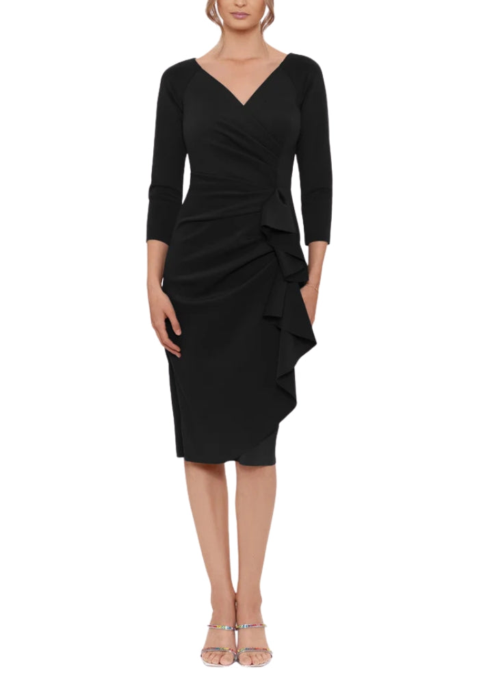 XScape Allie V-Neckline 3/4 Sleeves Back Zipper Side Ruffle Sheath Midi Dress