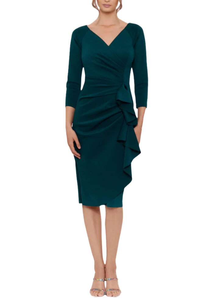 XScape Allie V-Neckline 3/4 Sleeves Back Zipper Side Ruffle Sheath Midi Dress