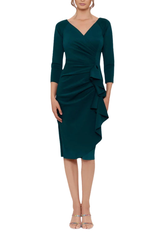 XScape Allie V-Neckline 3/4 Sleeves Back Zipper Side Ruffle Sheath Midi Dress