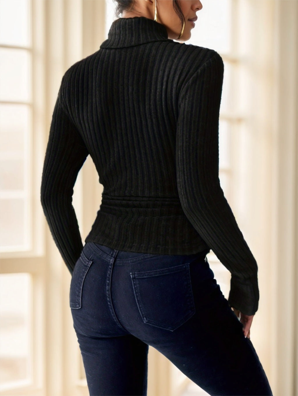 Women's Long Sleeved High Neck Ribbed T-shirt