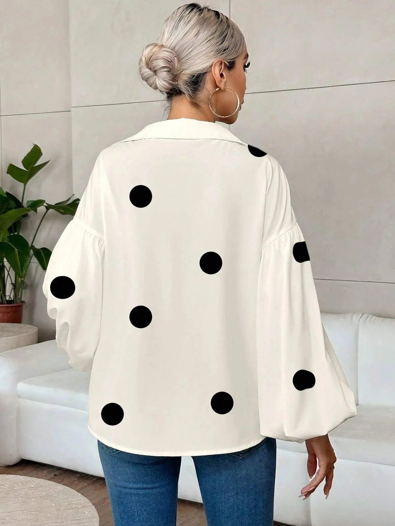 Oversized Polka Dot Balloon Sleeve Blouse