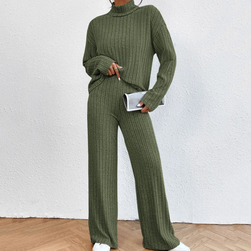 r Leisure Turtleneck Knitting Long-sleeve Suit Women's Sweater Loose Trousers Two-piece Set
