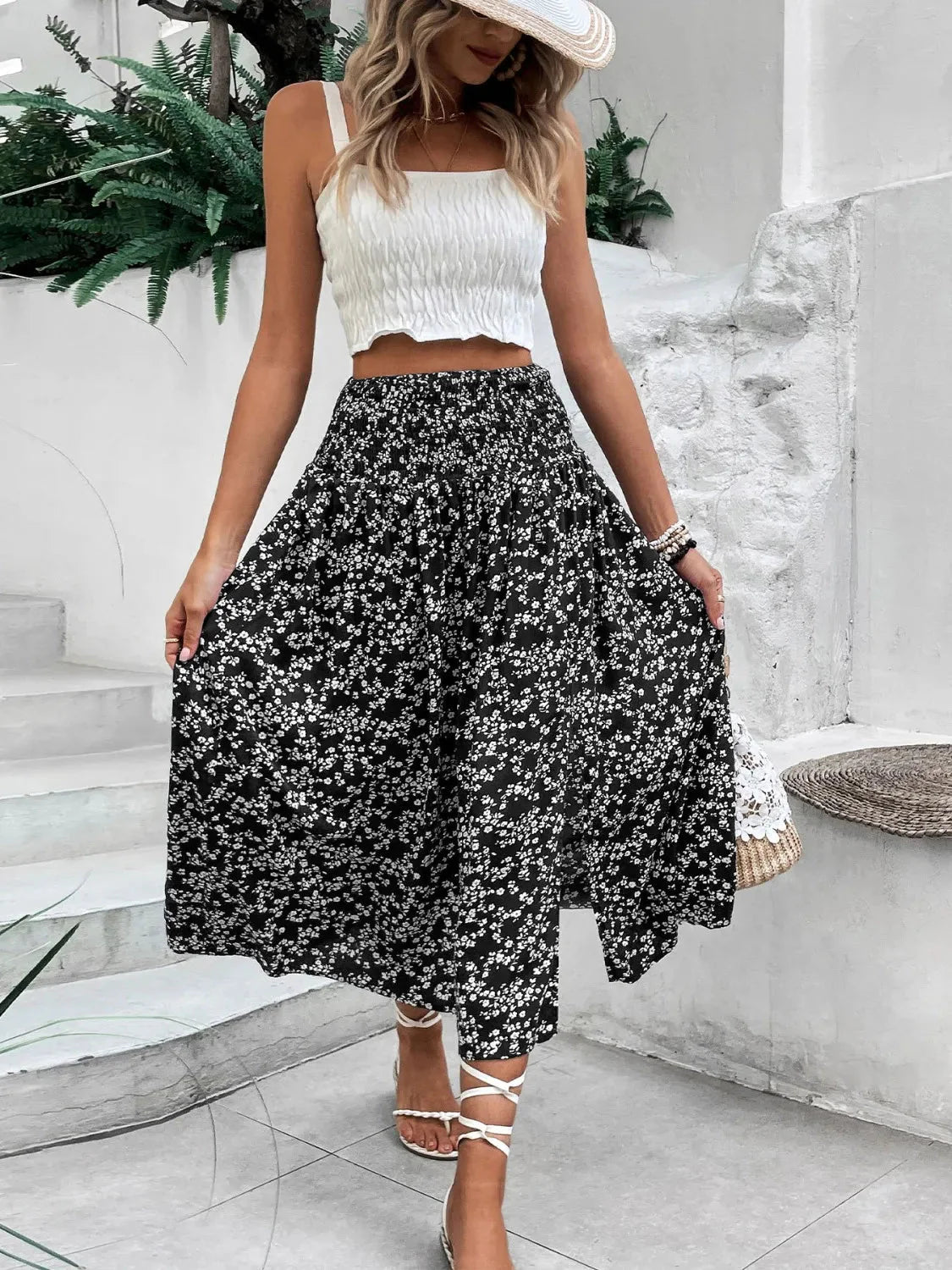 Slit Smocked High Waist Floral Midi Skirt