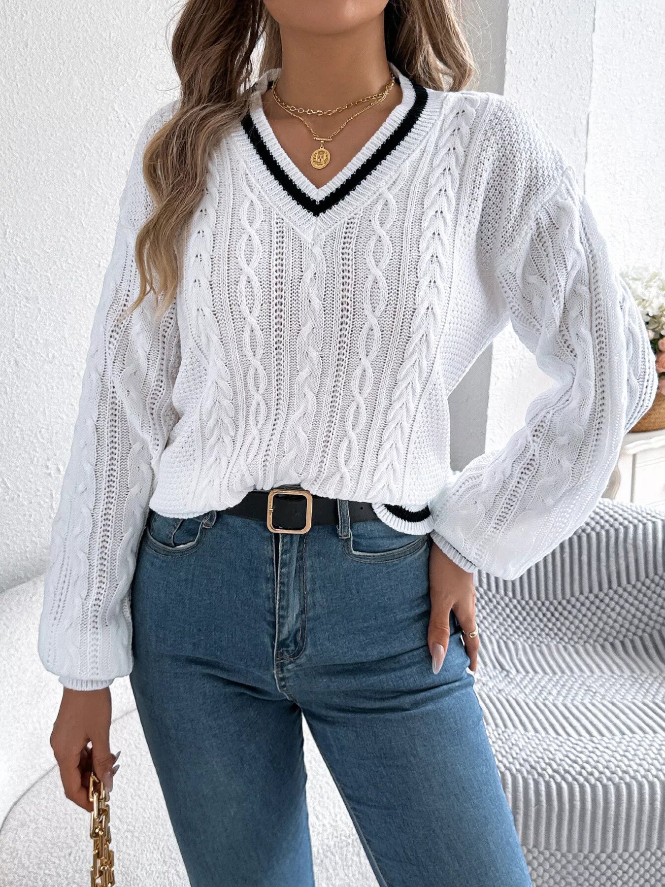 V-Neck Cable Knit Long Sleeve Sweater