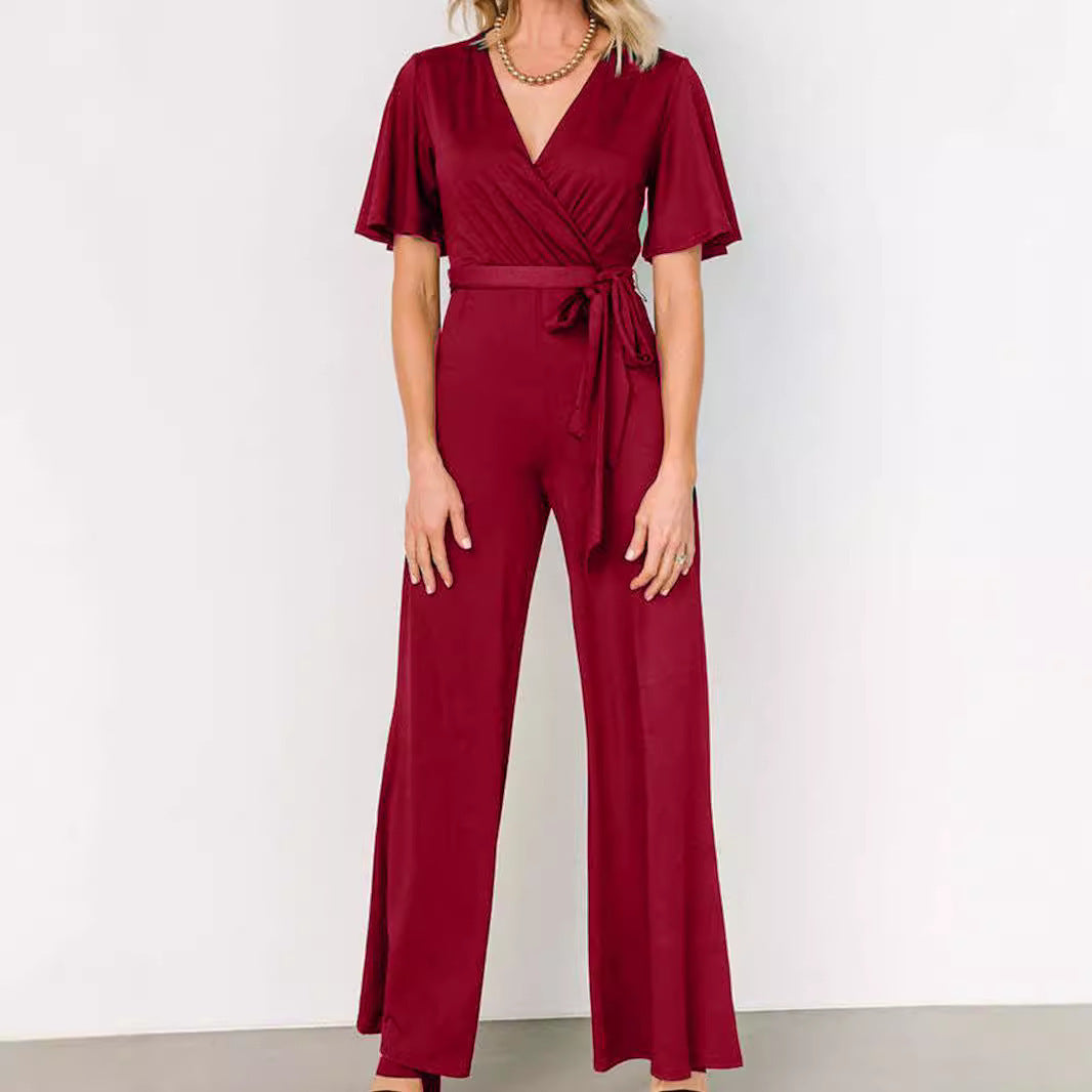 Women's Casual Solid Color Short Sleeve Belt Jumpsuit