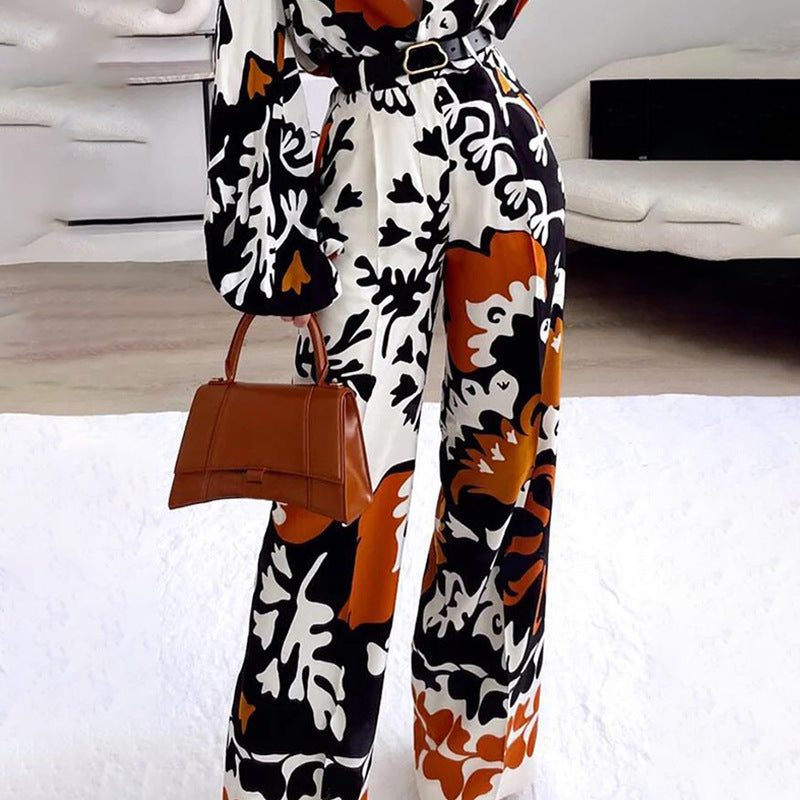 Color Contrast Printed Casual Two-piece Suit