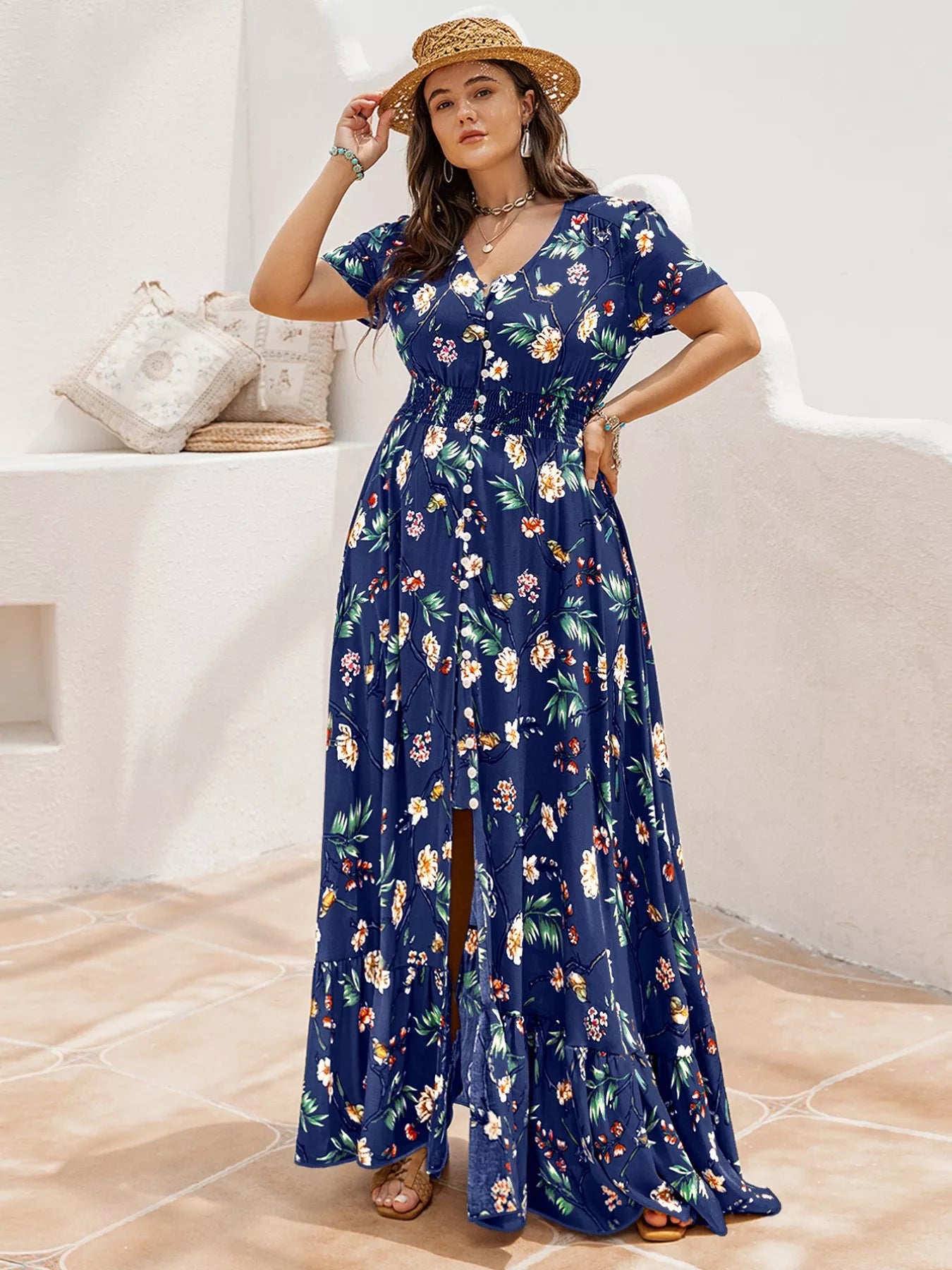 Plus Size Floral V Neck Short Sleeve Maxi Dress