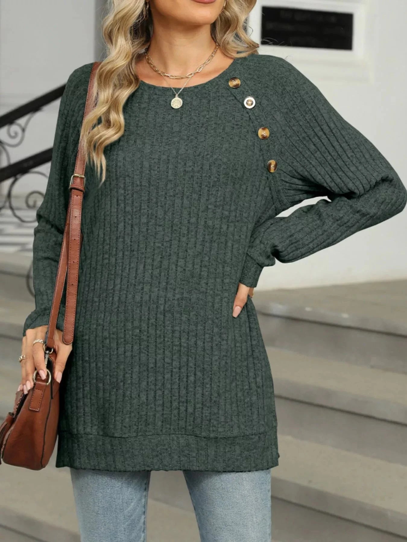 Cozy Chic Ribbed Button Detail Long Sleeve Tunic