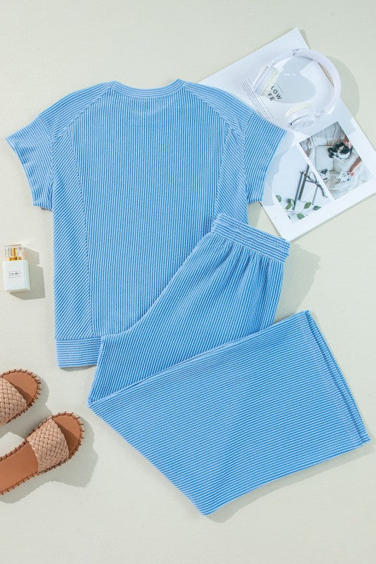 Solid Corded T-Shirt and Pants Set