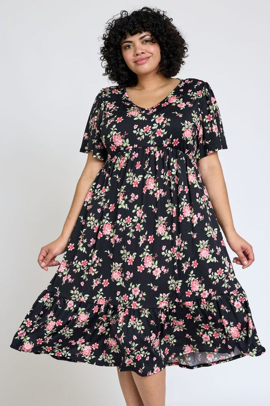 PLUS Floral Angel Sleeve Midi Dress