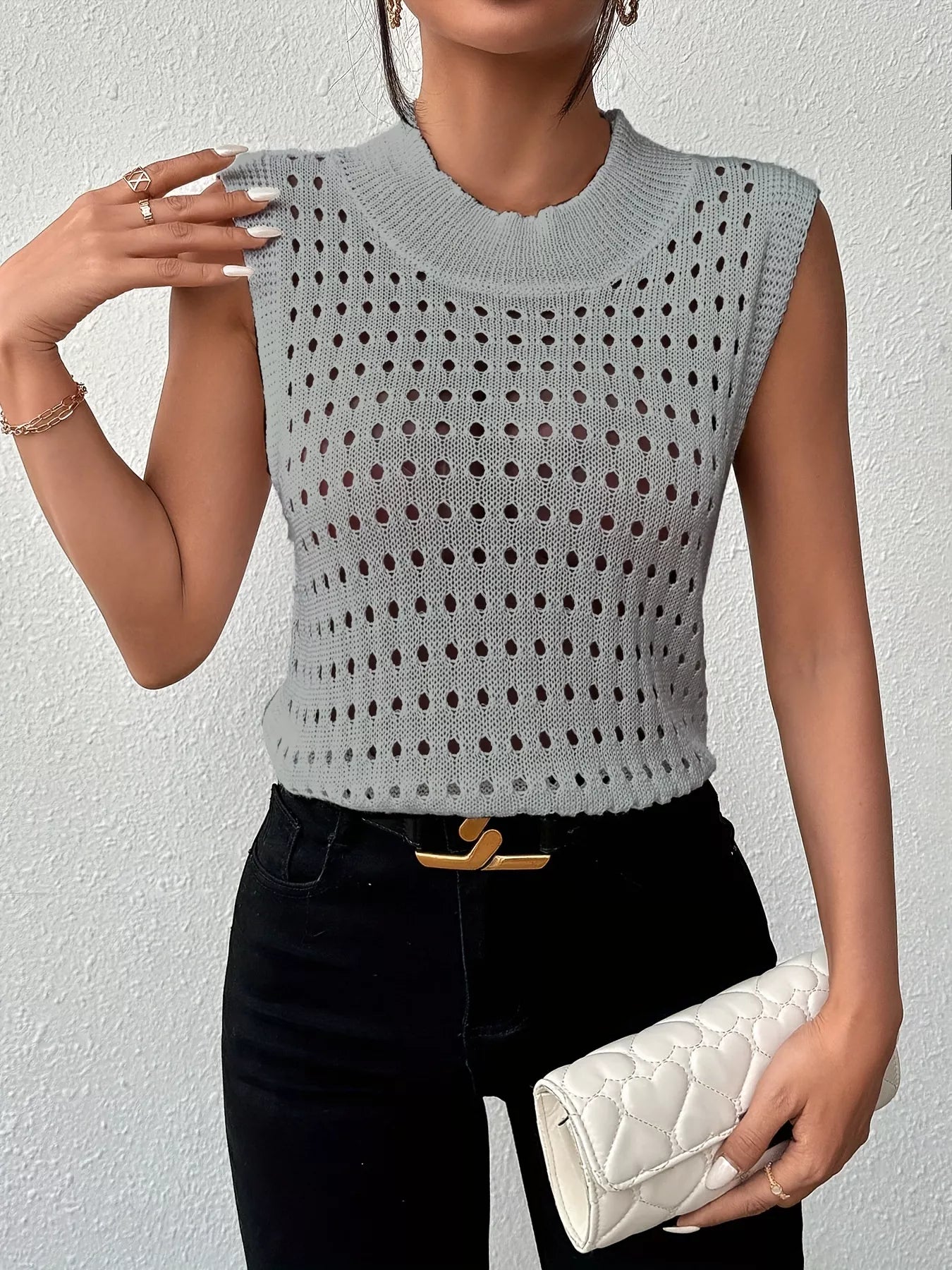 Hollow Out Round Neck Knit Sweater Tank