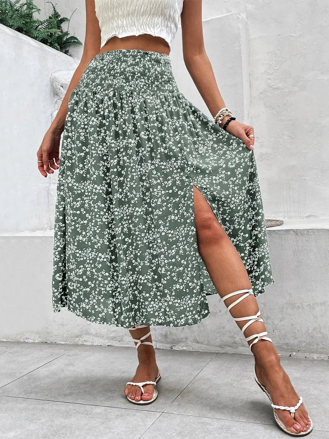 Slit Smocked High Waist Floral Midi Skirt