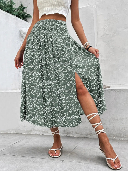 Slit Smocked High Waist Floral Midi Skirt