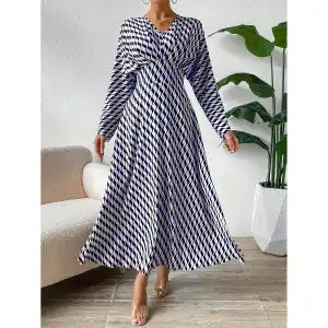 Geometric Printed V-neck Long-sleeved, Cinched-waist Elegant professional