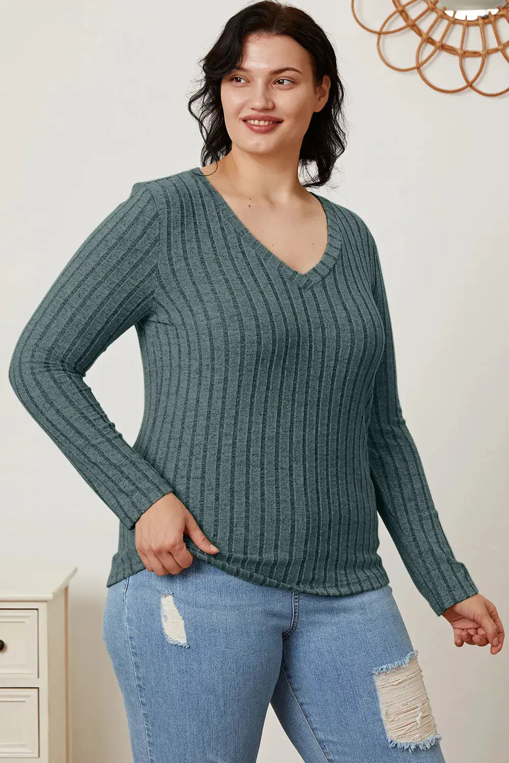 Basic Bae Full Size Ribbed V-Neck Long Sleeve T Shirt for Women