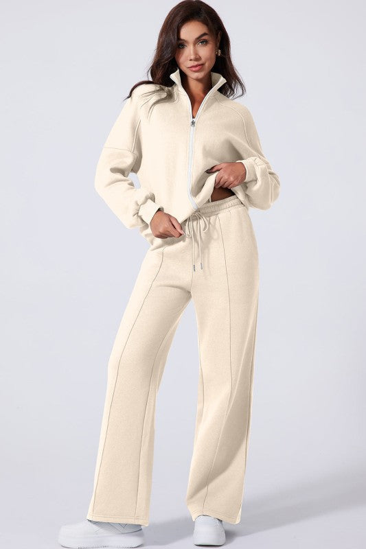 Solid Zip-Up Jacket and Drawstring Pants Set
