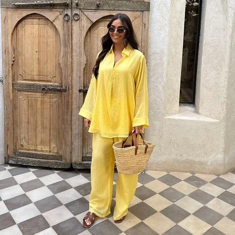 Summer And Autumn V-neck Women's Shirt Two-piece Set