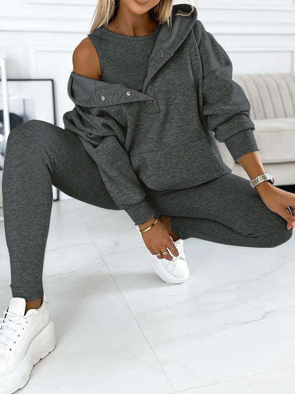 3pc Set Suit Loose Hooded Pockets Sweatshirt And Vest And Slim Trousers