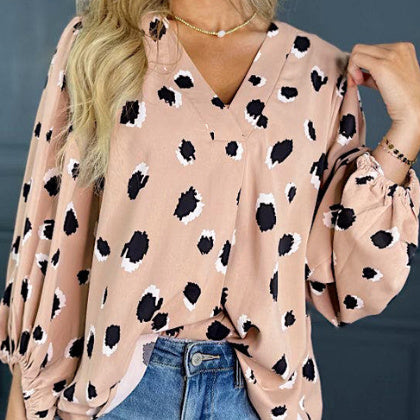 Khaki Classic Leopard V Neck Bracelet Sleeve Blouse