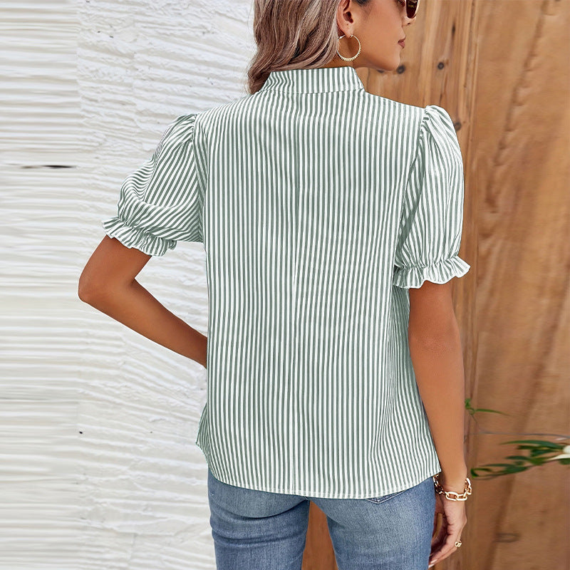 Striped Shirt Lantern Short Sleeve Pullover Women's Top