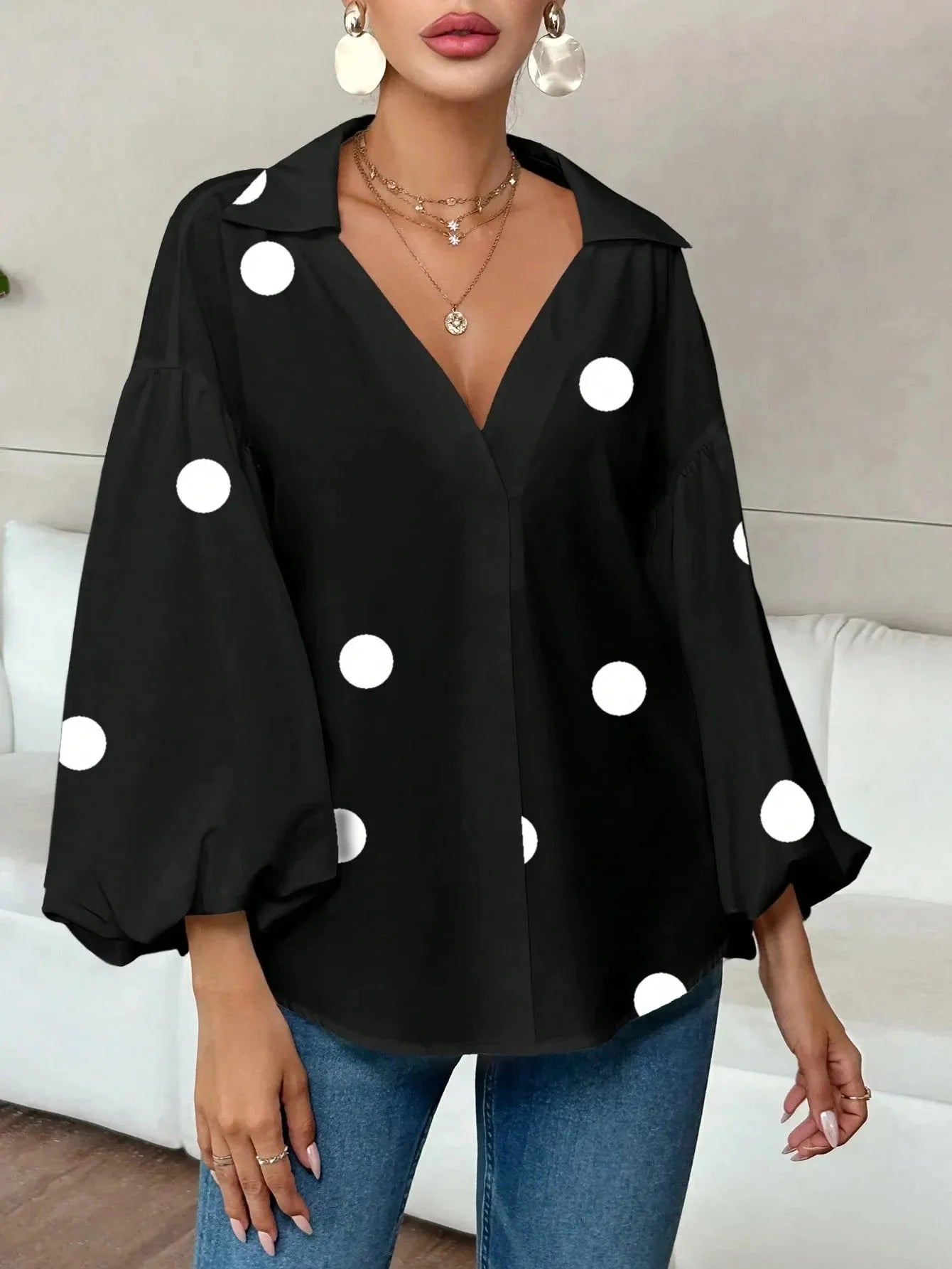 Oversized Polka Dot Balloon Sleeve Blouse
