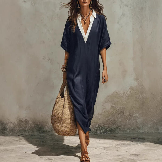 Casual Style V-Neck Loose Cropped-Sleeve Dress Linen Texture Relaxed Vacation-Ready