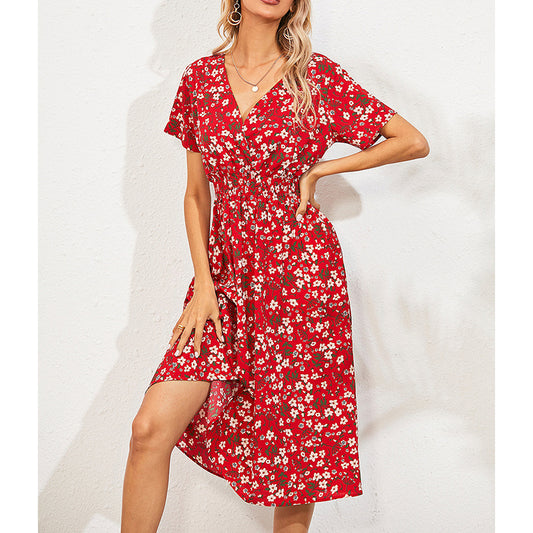 Boho V Neck Floral Print Short Sleeve Mini Dress Cute Smocked Waist Short Dress