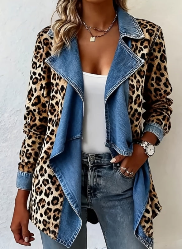 Patchwork Denim Collar Women's Long-sleeved Mid-length Coat